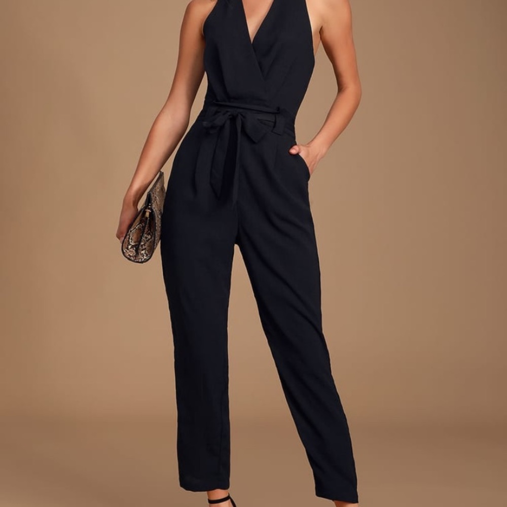 Lulus City Black Surplice Sleeveless Jumpsuit